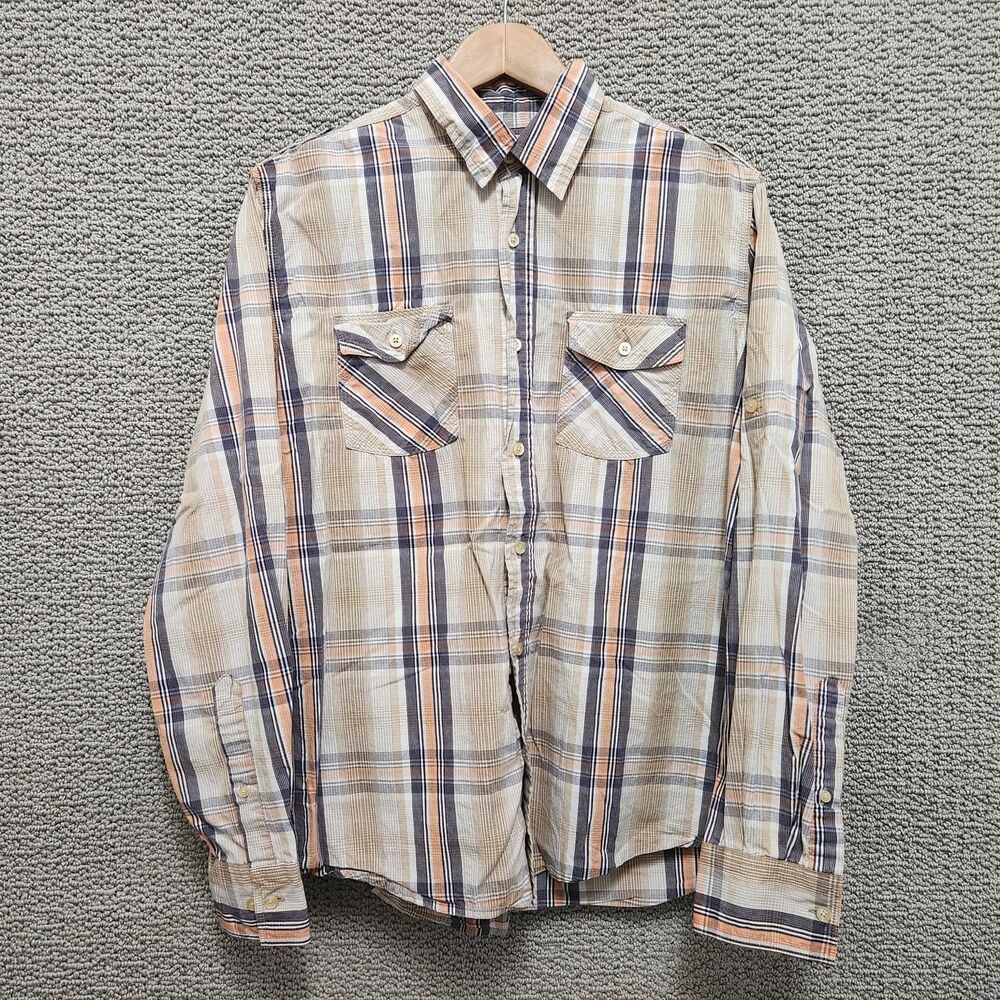 RED CAMEL Men's Plaid Button Up Shirt Beige Cotton Size L